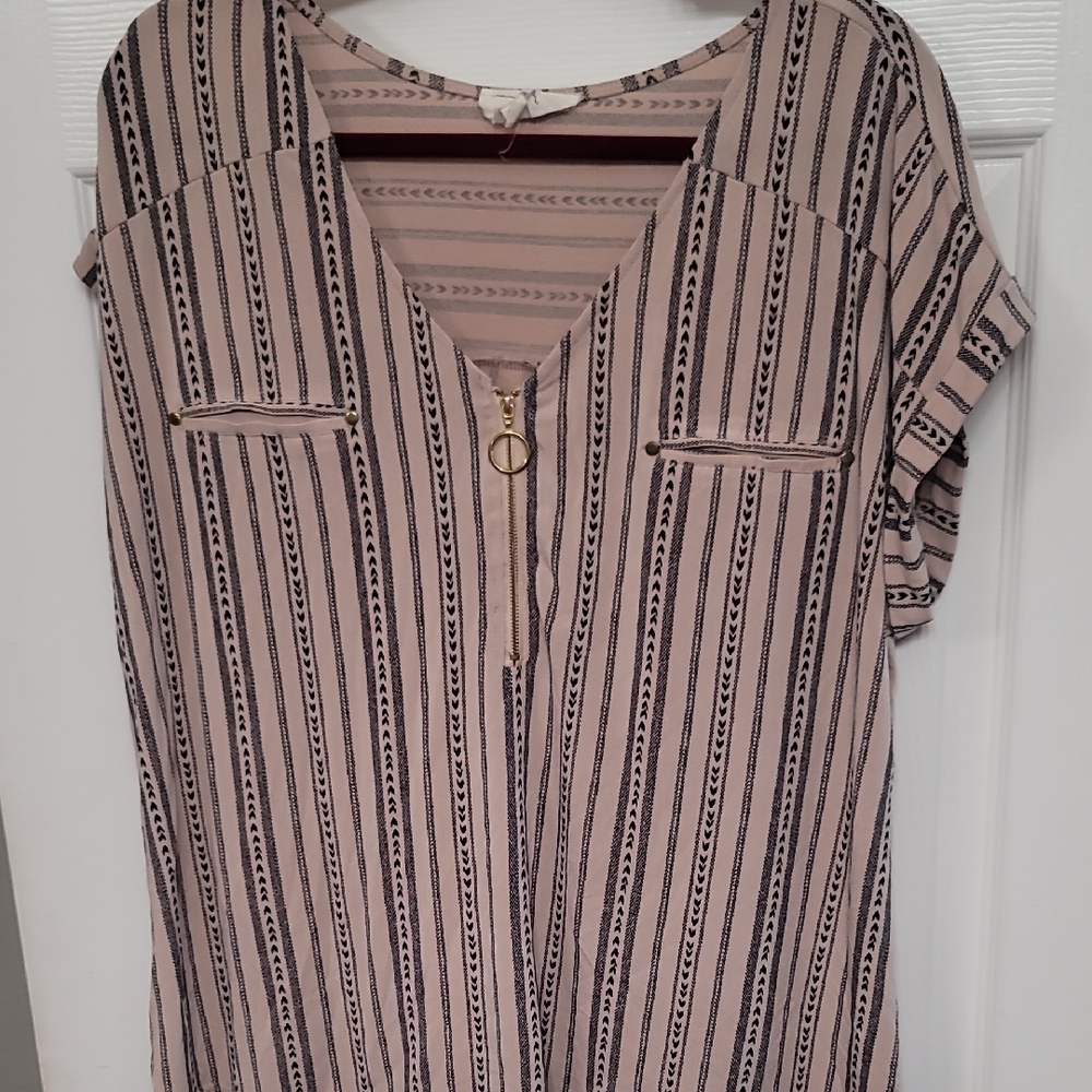 Striped V-Neck Blouse with Zipper